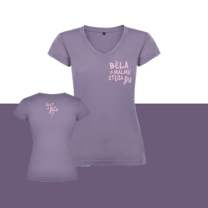 T-shirt "Bèla e malmustùsa fés" da donna (lavanda)