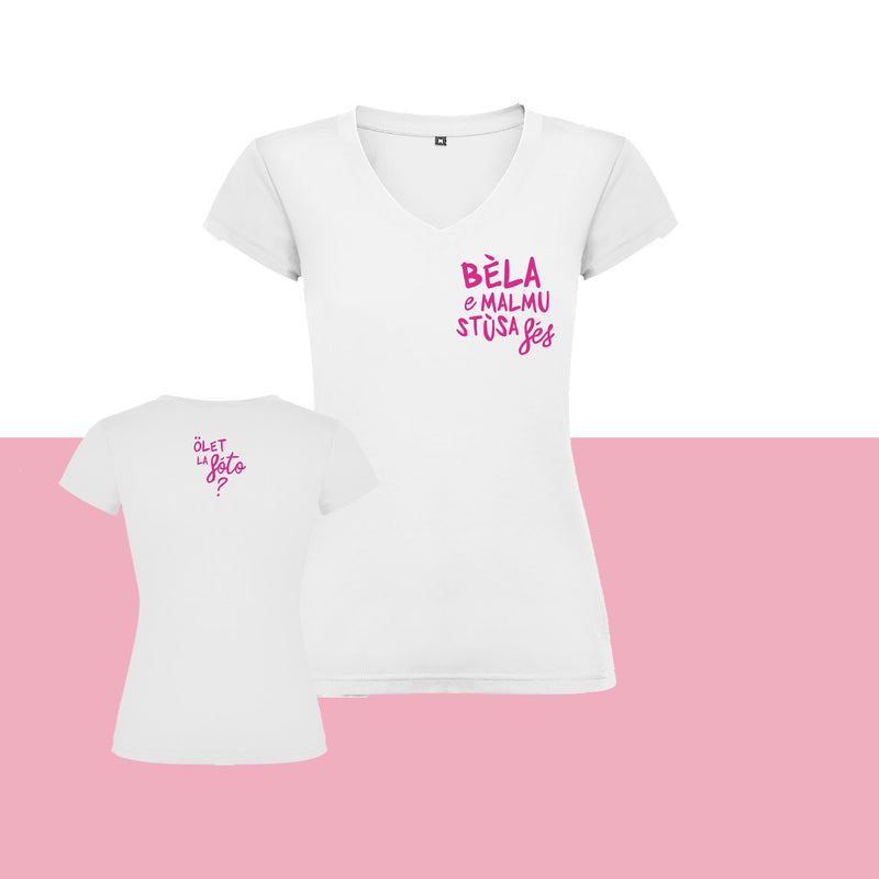 T-shirt "Bèla e malmustùsa fés" da donna (bianca)